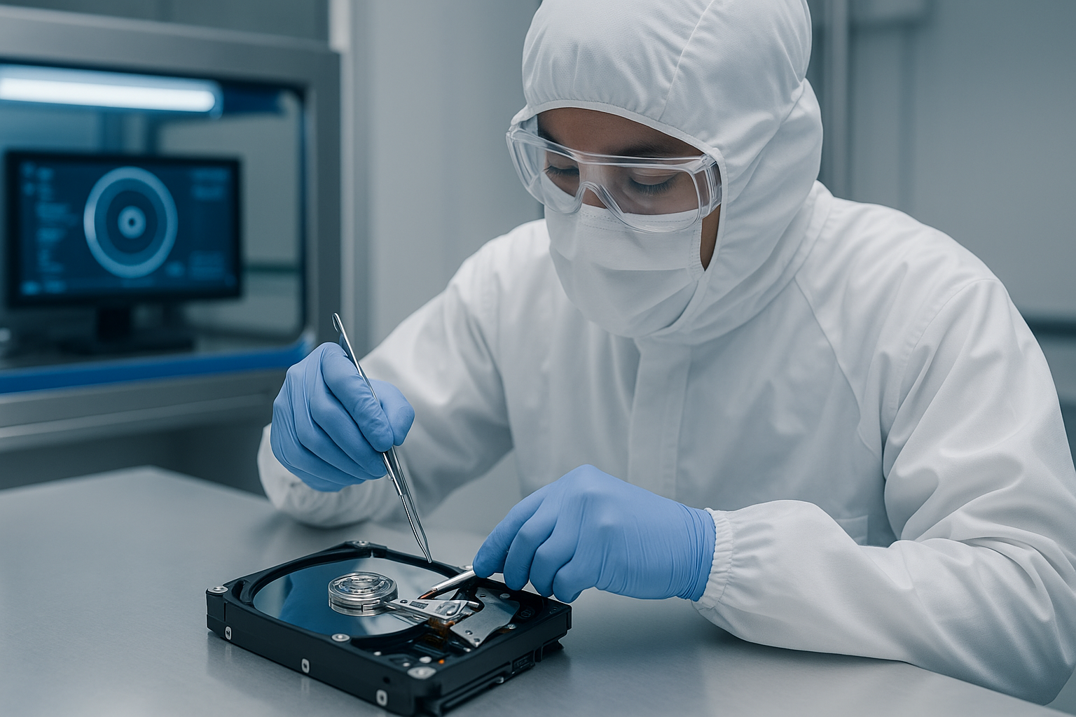 Técnico manipulando HDD en sala limpia